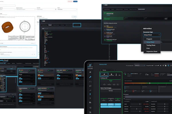 Software development and audio production interface screenshots showing code editor, DAW, and design tool dashboards with dark theme UI